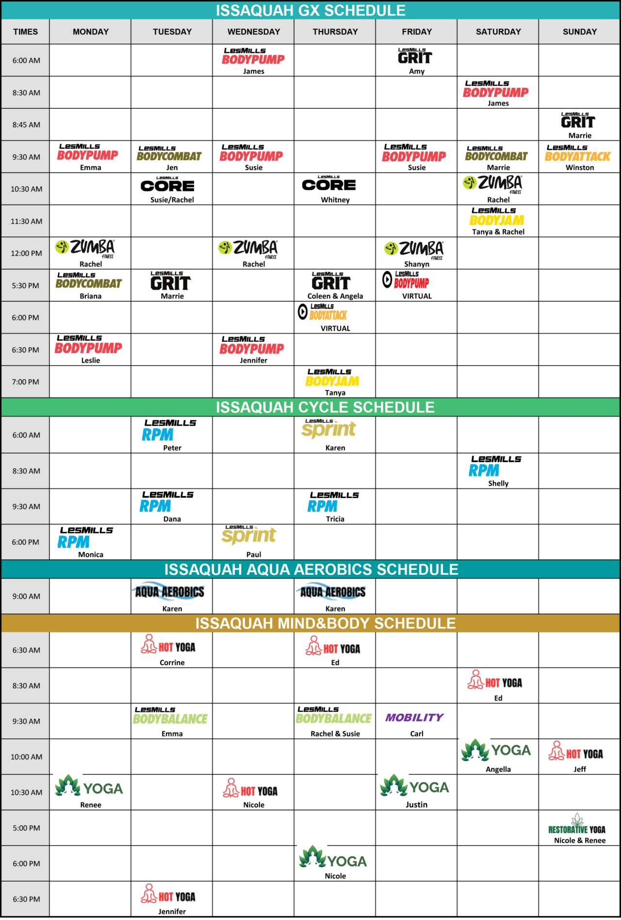 Class Schedule | Issaquah - 425 Fitness