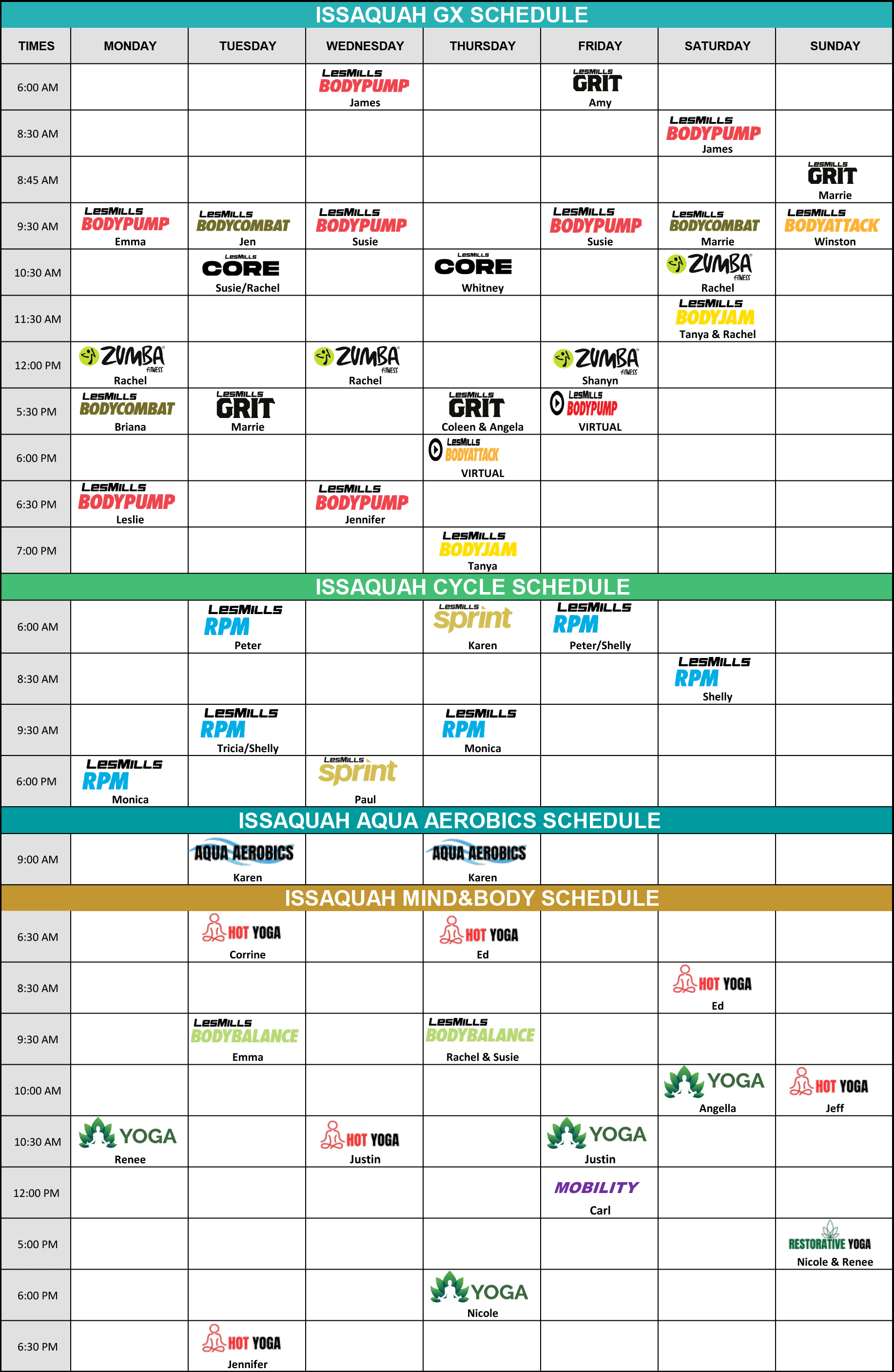 Class Schedule | Issaquah - 425 Fitness